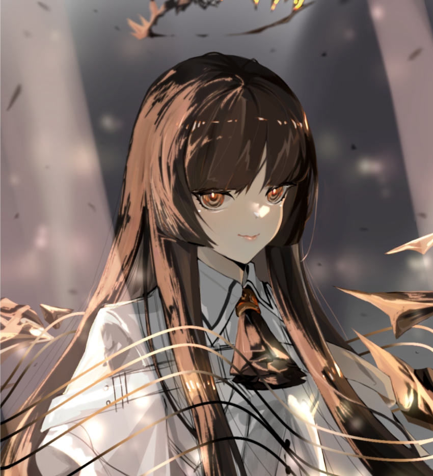 1girl arknights ascot blunt_bangs blurry blurry_background brown_ascot brown_eyes brown_hair closed_mouth commentary_request highres looking_at_viewer smile solo upper_body virtuosa_(arknights) zero85727146