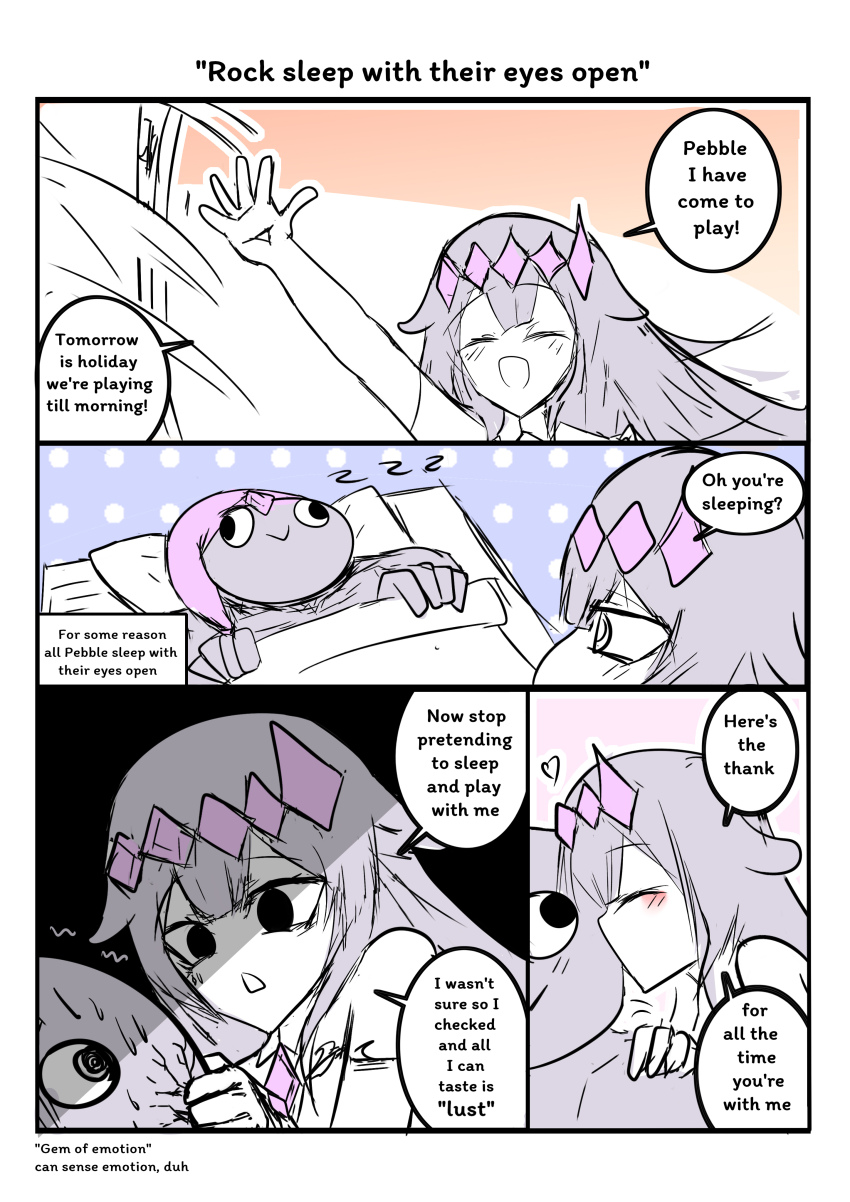 1boy 1girl absurdres akukan bed blush chest_jewel comic cracked_skin crown english_text gem hair_flaps heart highres hololive hololive_english kissing_cheek koseki_bijou koseki_bijou_(1st_costume) pebble_(koseki_bijou) sleeping smile sweat virtual_youtuber waving white_background zzz
