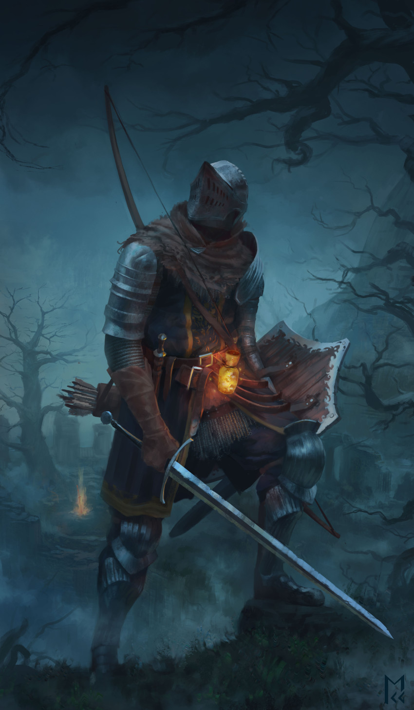 1boy absurdres armor arrow_(projectile) bare_tree belt bonfire_(dark_souls) boots bow_(weapon) brown_gloves chosen_undead commentary dagger dark_souls_(series) dark_souls_i english_commentary estus_flask full_armor gloves greaves helmet highres holding holding_shield holding_sword holding_weapon knee_up knife male_focus manuel_castanon armored_boots pauldrons quiver scabbard sheath shield shoulder_armor solo standing sword tree weapon weapon_on_back