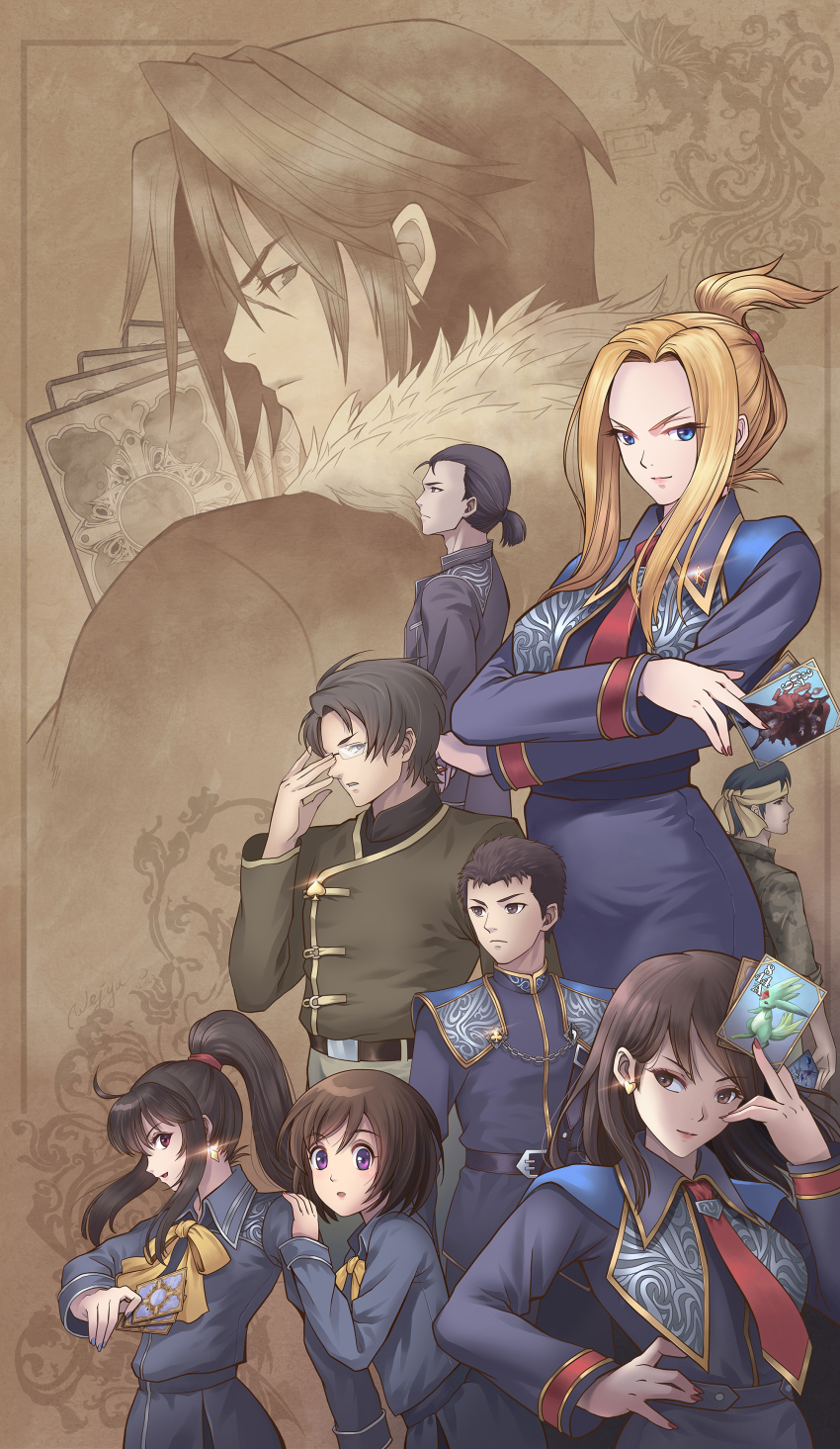 4girls 5boys :d absurdres adjusting_eyewear black_eyes black_hair blonde_hair blue_eyes blue_nails brown_eyes brown_hair carbuncle_(final_fantasy) card chain closed_mouth club_(ff8) crossed_arms diamond_(ff8) diamond_dust_(omega) earrings final_fantasy final_fantasy_viii fingernails fur-trimmed_jacket fur_trim gem gilgamesh_(final_fantasy) glasses hand_on_own_hip headband heart heart_earrings highres holding holding_card jack_(ff8) jacket jewelry joker_(ff8) leviathan_(final_fantasy) long_hair looking_at_viewer looking_away looking_to_the_side multiple_boys multiple_girls nail_polish open_mouth parted_bangs ponytail purple_eyes purple_nails quistis_trepe red_nails scar scar_on_face school_uniform scrunchie seed_uniform_(ff8) short_hair short_ponytail smile spade_(ff8) squall_leonhart triple_triad wavy_hair xu_(ff8) yellow_headwear
