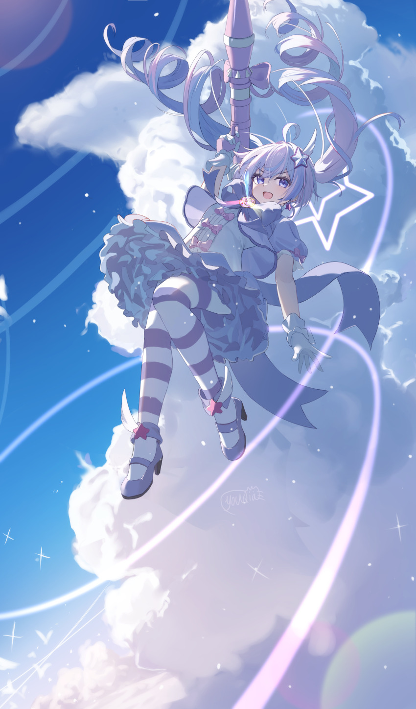 1girl absurdres blue_archive blue_hair blue_jacket blue_skirt blush commentary_request drill_hair gloves halo high_heels highres holding holding_rocket_launcher holding_weapon jacket long_hair looking_at_viewer multicolored_hair official_alternate_costume official_alternate_hairstyle open_mouth purple_eyes purple_hair purple_halo purple_shoes purple_theme reisa_(blue_archive) reisa_(magical)_(blue_archive) rocket_launcher shirt shoes short_sleeves sidelocks skirt solo striped_clothes striped_thighhighs thighhighs twin_drills two-tone_hair very_long_hair weapon white_gloves white_shirt youqia