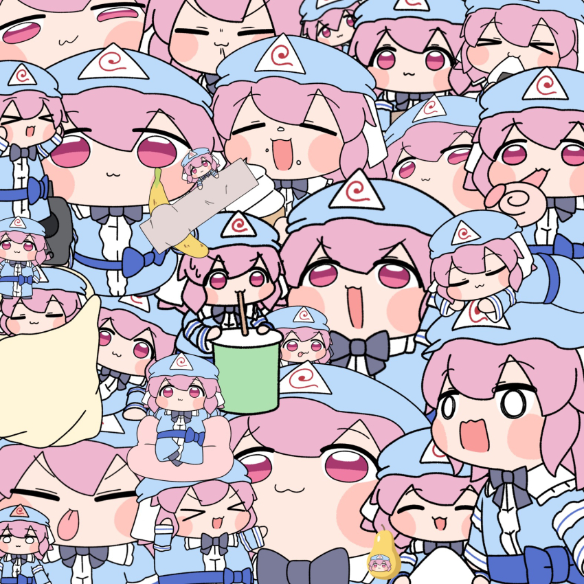 &gt;_&lt; :3 against_fourth_wall arms_up banana black_bow black_bowtie blanket blue_bow blue_hat blue_ribbon blush_stickers bow bowtie chibi chibi_only closed_mouth collage comedian_(artwork) drink drinking_straw drinking_straw_in_mouth food fruit happy hat highres ice_cream japanese_clothes kimono medium_hair mob_cap obi open_mouth pearto pink_eyes pink_hair ribbon saigyouji_yuyuko sash sleeping too_many touhou triangular_headpiece y75zei