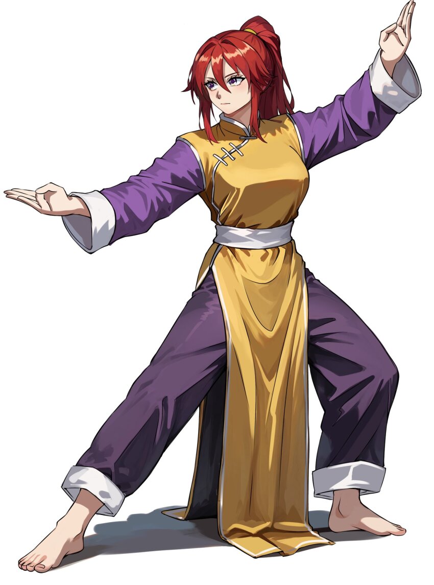 1girl barefoot breasts changpao chinese_clothes dress fighting_stance highres kokoro_no_koibito kung_fu long_sleeves martial_arts original pants ponytail purple_eyes purple_pants purple_sleeves red_hair serious white_sleeve_cuffs yellow_dress
