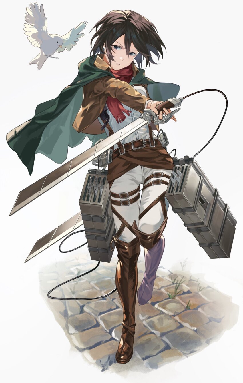 1girl belt belt_buckle bird black_eyes black_hair black_skirt boots brown_belt brown_boots brown_jacket buckle capelet closed_mouth commentary_request facial_scar full_body green_capelet hair_between_eyes highres holding holding_sword holding_weapon jacket looking_at_viewer mikasa_ackerman open_clothes open_jacket outstretched_arm pants paradis_military_uniform red_scarf scar scar_on_cheek scar_on_face scarf shingeki_no_kyojin shirt shirushi_06 short_hair skirt standing standing_on_one_leg stone_floor suspenders sword thigh_boots thigh_strap three-dimensional_maneuver_gear weapon white_pants white_shirt