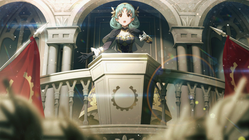 building capelet flag game_cg glowing green_hair hairband idolmaster idolmaster_million_live! idolmaster_million_live!_theater_days official_art open_mouth orange_eyes railing tokugawa_matsuri