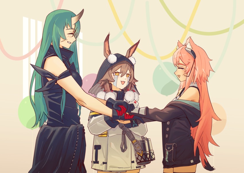 3girls ^_^ absurdres animal_ear_fluff animal_ears arknights balloon bare_shoulders black_gloves black_shirt brown_hair brown_jacket brown_tail caper_(arknights) chinese_commentary closed_eyes commentary_request cowboy_shot crying crying_with_eyes_open gloves gradient_hair gravel_(arknights) green_hair group_picture hair_between_eyes highres holding_hands horns hoshiguma_(arknights) infection_monitor_(arknights) jacket long_hair long_sleeves looking_at_another multicolored_hair multiple_girls off_shoulder open_mouth orange_hair orange_tail pink_hair pom_pom_(clothes) profile red_gloves rongyuanfeida shirt short_hair single_horn skin-covered_horns sleeveless sleeveless_shirt smile standing streaming_tears tail tearing_up tears turtleneck turtleneck_shirt two-tone_hair white_jacket yellow_eyes