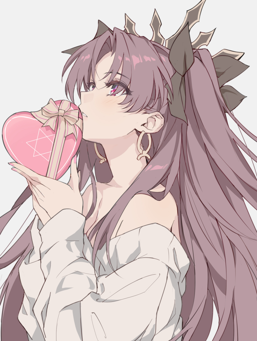 1girl arms_up bare_shoulders black_hair earrings evzeva fate/grand_order fate_(series) heart hexagram highres ishtar_(fate) jewelry long_hair looking_up multicolored_eyes parted_lips red_eyes simple_background solo star_of_david tiara type-moon very_long_hair white_background