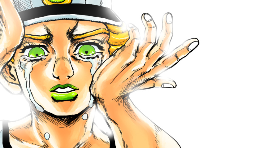 1boy baseball_cap blonde_hair child emporio_alnino green_eyes green_lips hand_on_another&#039;s_cheek hand_on_another&#039;s_face hat jojo_no_kimyou_na_bouken metamin_(memethah) migikata_no_chou_(vocaloid) official_style parody pov pov_hands solo_focus stone_ocean tears