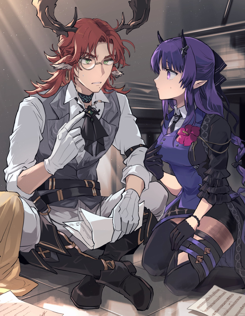 1boy 1girl absurdres animal_ears antlers arknights ascot black_ascot black_boots black_bow black_coat black_gloves black_thighhighs boots bow bracelet braid braided_ponytail breasts coat commentary_request corsage czerny_(arknights) deer_antlers deer_boy deer_ears demon_horns double-parted_bangs dress feet_out_of_frame flower full_body gloves grand_piano green_eyes grey_vest hair_bow hibiscus hibiscus_(arknights) hibiscus_the_purifier_(arknights) highres horns indian_style indoors infection_monitor_(arknights) instrument jewelry knee_boots large_breasts long_hair monochrome noshima piano pointing pointing_at_self pointy_ears purple_dress purple_eyes purple_hair seiza sheet_music shirt sitting sleeves_rolled_up thighhighs vest white_gloves white_shirt