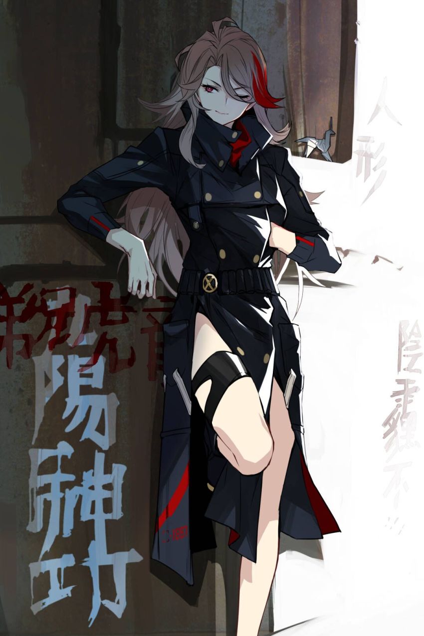 1girl belt brown_hair commentary_request female_focus girls&#039;_frontline hand_in_jacket highres holster leaning_back long_coat m1887_(girls&#039;_frontline) multicolored_hair one_eye_closed papercraft realmbw red_hair smile solo translation_request two-tone_hair wall
