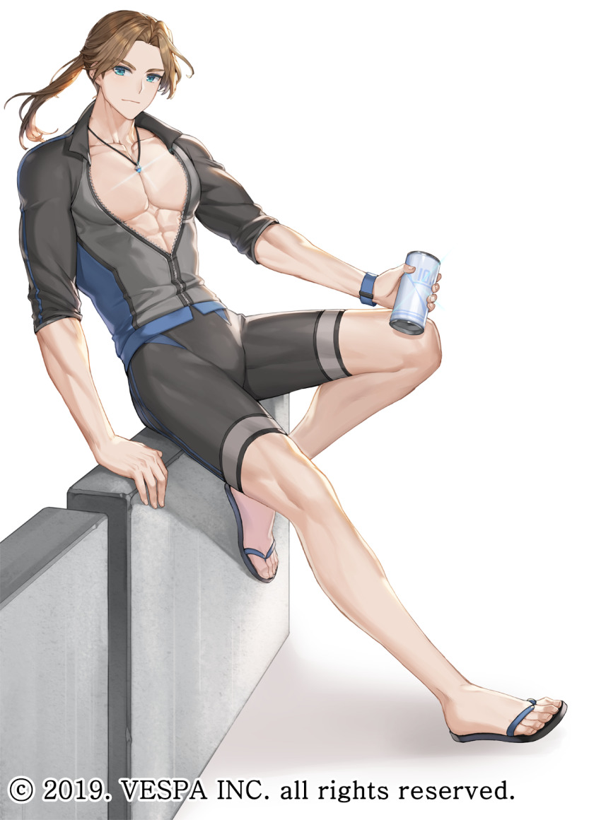 1boy abs black_jacket black_male_swimwear black_sandals blue_eyes brown_hair can commentary_request flip-flops full_body highres holding holding_can hwansang_jungdog jacket jewelry king&#039;s_raid korean_commentary leg_up loman_(king&#039;s_raid) long_hair male_swimwear mixed-language_commentary necklace official_alternate_costume official_art partial_commentary partially_open_jacket pectorals ponytail sandals solo watch wristwatch