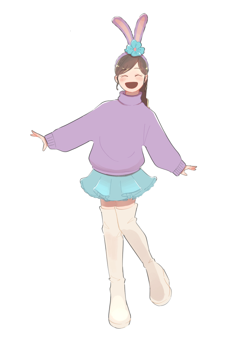 1girl absurdres animal_ears animification boots closed_mouth duffy_and_friends fake_animal_ears full_body gamorangetana highres humanization long_sleeves looking_at_viewer open_mouth ponytail rabbit_ears rabbit_girl skirt smile solo standing stellalou stuffed_toy