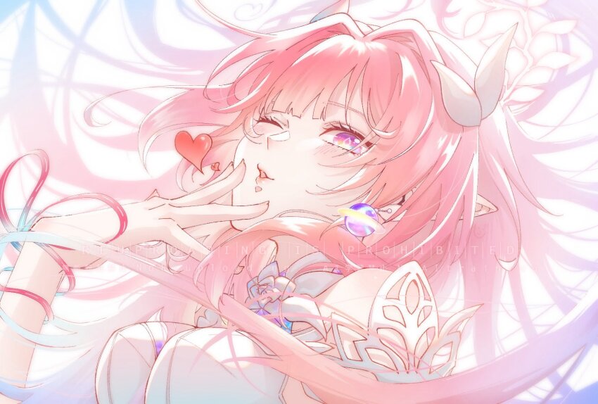 1girl ;) bare_shoulders blowing_kiss breasts cyrene_(honkai:_star_rail) cyrene_(ripples_of_past_reverie)_(honkai:_star_rail) diamond-shaped_pupils diamond_(shape) dress earrings hair_intakes halo hashtag-only_commentary heart highres honkai:_star_rail honkai_(series) jewelry large_breasts long_hair motituki one_eye_closed pink_hair pointy_ears purple_eyes smile solo symbol-shaped_pupils upper_body very_long_hair white_dress