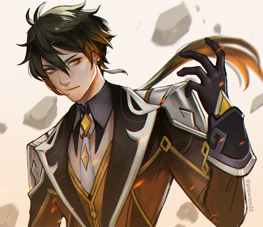 1boy arm_up black_gloves black_hair closed_mouth collared_shirt commentary debris english_commentary eyeliner floating_hair gem genshin_impact gloves hair_between_eyes jacket lapels long_hair long_sleeves looking_to_the_side makeup male_focus mistermagnolia necktie open_clothes open_jacket ponytail red_eyeliner shirt sideways_glance sleeve_cuffs solo upper_body very_long_hair white_necktie wing_collar yellow_eyes yellow_gemstone zhongli_(genshin_impact)