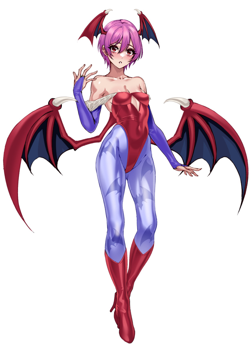 1girl animal_print bare_shoulders bat_print bat_wings blue_pantyhose boots breasts bridal_gauntlets clothing_cutout darkstalkers demon_girl diamond_cutout full_body head_wings highleg highleg_leotard highres leotard lilith_(darkstalkers) looking_at_viewer off-shoulder_leotard pantyhose print_pantyhose purple_hair red_boots red_eyes red_leotard short_hair simple_background small_breasts solo volyz white_background wings