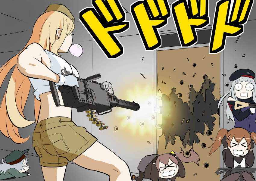 &gt;_&lt; .50_bmg 404_(girls&#039;_frontline) 5girls absurdres ammunition ammunition_belt anti-materiel_cartridge assault_rifle beret blonde_hair blowing_bubbles brown_hair browning_m2 bullet bullet_hole chewing_gum commentary_request covering_own_ears ducking g11_(girls&#039;_frontline) gear_(gearba50) girls&#039;_frontline gloves gun h&amp;k_hk416 h&amp;k_ump hat heavy_machine_gun highres hk416_(girls&#039;_frontline) hmg_cartridge m2hb_(girls&#039;_frontline) m9_link machine_gun magnum_cartridge match_grade_ammunition military_cartridge multiple_girls pantyhose rifle rifle_cartridge silver_hair sound_effects submachine_gun supersonic_ammunition surprised ump45_(girls&#039;_frontline) ump9_(girls&#039;_frontline) weapon xo