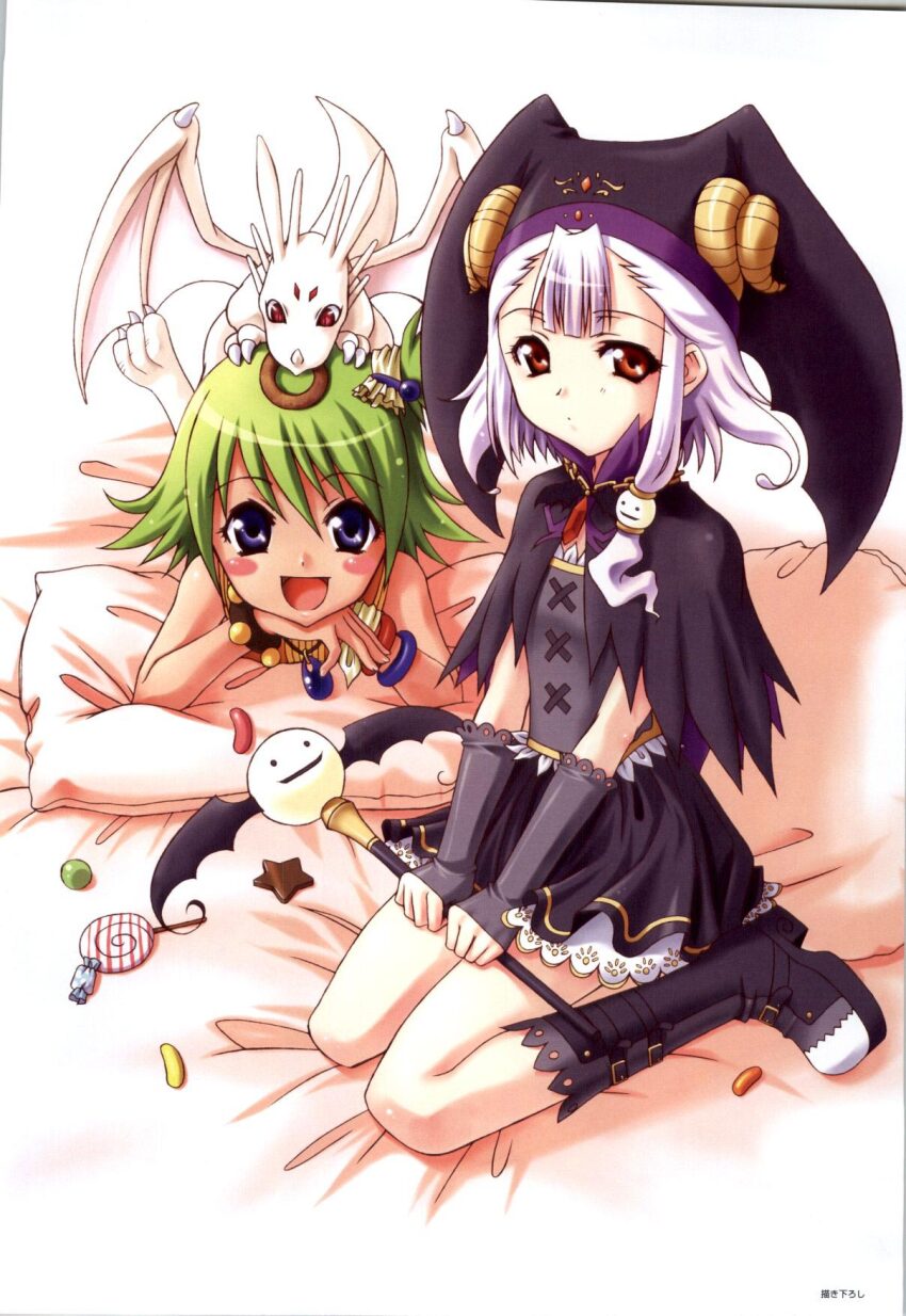 2girls :d animal armlet bistro_cupid bistro_cupid_(series) bistro_cupid_2 black_footwear black_headwear black_skirt blush_stickers boots candy closed_mouth dark-skinned_female dark_skin donut dragon fingerless_gloves food frills gloves green_hair hair_ornament hat highres holding holding_staff horns jelly_bean jewelry lollipop looking_at_viewer lying mullein_santorina multiple_girls necklace nemesia_wormwood on_stomach open_mouth pandaki_(aki) pillow red_eyes ribbon scan simple_background sitting skirt smile staff star_(symbol) tail wariza white_hair wings witch_hat yellow_horns