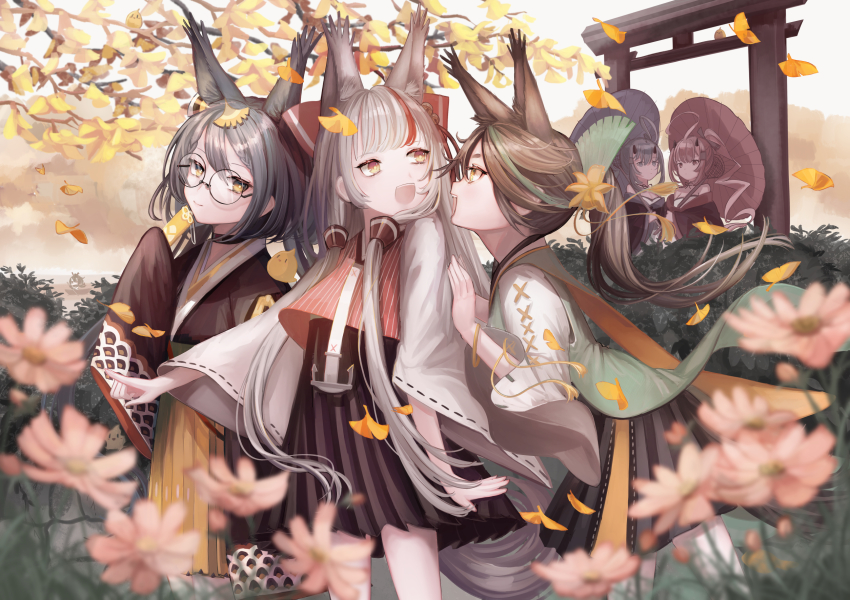 5girls amulet anchor_symbol animal_ears autumn_leaves azur_lane black_hakama blue_hair blurry blurry_foreground braid braided_bangs brown_hair falling_leaves flower fox_ears ginkgo_leaf green_hair grey_hair hakama hakama_short_skirt hakama_skirt hatakaze_(azur_lane) hemorina highres holding holding_umbrella horns ikazuchi_(azur_lane) inazuma_(azur_lane) japanese_clothes kamikaze_(azur_lane) koinobori leaf long_hair matsukaze_(azur_lane) multicolored_hair multiple_girls oil-paper_umbrella omamori oni_horns pink_flower red_hair round_eyewear skirt streaked_hair tail torii two-tone_hair umbrella very_long_sleeves wide_sleeves windsock yellow_eyes yellow_skirt