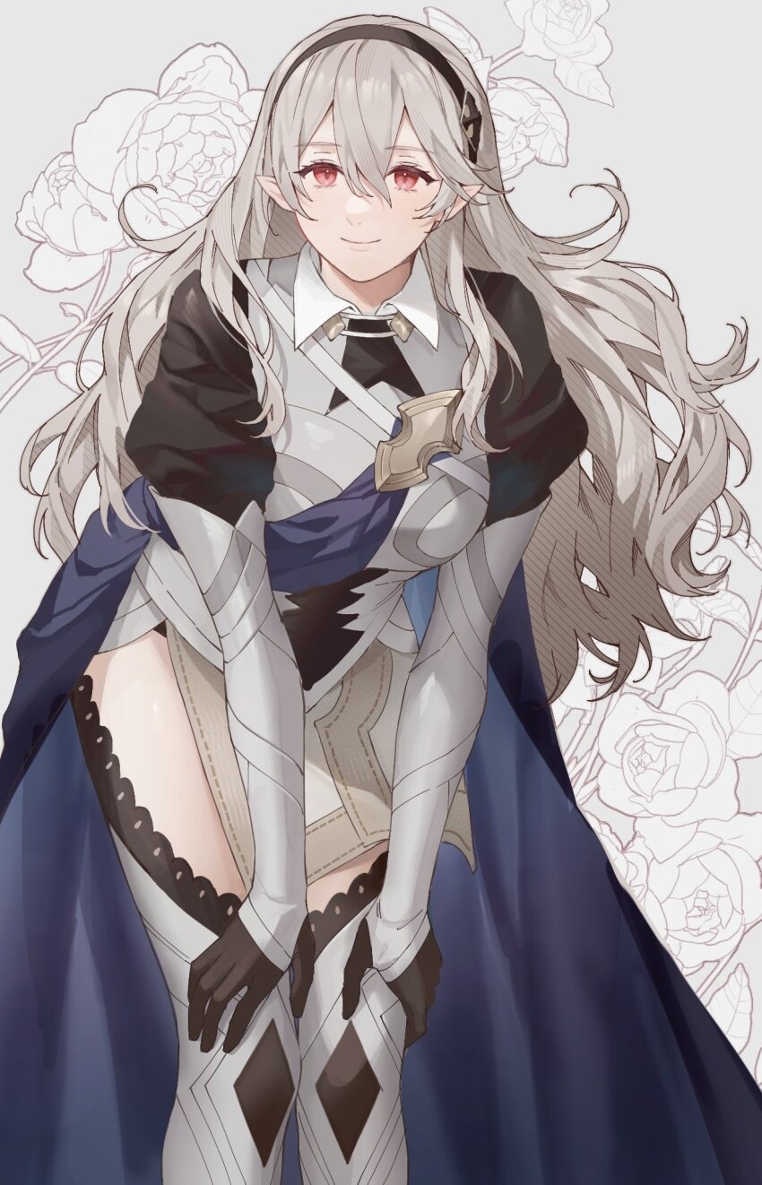 1girl ai_tkkm armor black_gloves black_hairband blue_cape cape closed_eyes commentary female_corrin_(fire_emblem) fire_emblem fire_emblem_fates flower gloves grey_background grey_hair hair_between_eyes hair_ornament hairband highres long_hair looking_at_viewer nintendo pointy_ears red_eyes simple_background smile solo thighs white_flower