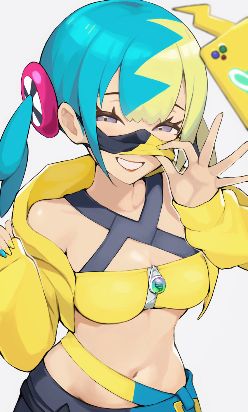 1girl aqua_hair aqua_nails aqua_pants black_mask black_pants blonde_hair breasts canari_(pokemon) commentary_request criss-cross_straps cropped_jacket highres jacket looking_at_viewer mask_lift medium_breasts multicolored_hair multicolored_nails navel nintendo ok_sign pants pokemon pokemon_legends:_z-a purple_eyes simple_background smile solo split-color_hair sports_bra two-tone_mask two-tone_pants ura_(hamburg_oniku) white_background yellow_jacket yellow_mask yellow_nails yellow_sports_bra