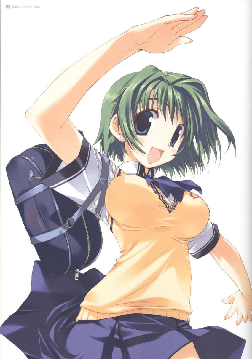 00s 1girl :d amazuyu_tatsuki bag blue_eyes breasts comic_party female_focus green_hair highres large_breasts neckerchief official_art ooba_eimi open_mouth outstretched_arm school_bag school_uniform shirt short_hair short_sleeves skirt smile solo vest white_background