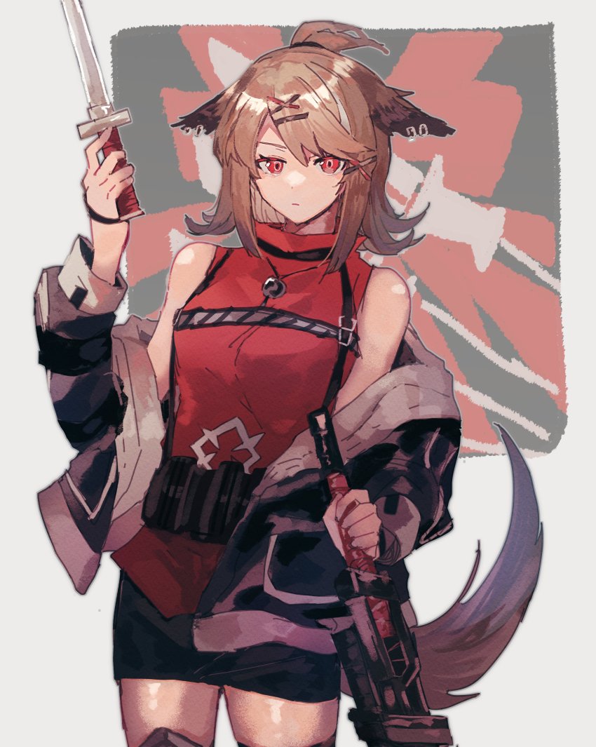 1girl absurdres animal_ears arknights bad_id bad_twitter_id black_jacket black_skirt blouse brown_hair cowboy_shot cutter_(arknights) dual_wielding fox_ears fox_girl fox_tail gayatsu0425 grey_background hair_ornament hairclip highres holding holding_sword holding_weapon jacket jewelry looking_at_viewer necklace off_shoulder open_clothes open_jacket ponytail red_eyes red_shirt shirt short_hair short_ponytail skirt solo sword tail thighhighs topknot weapon x_hair_ornament