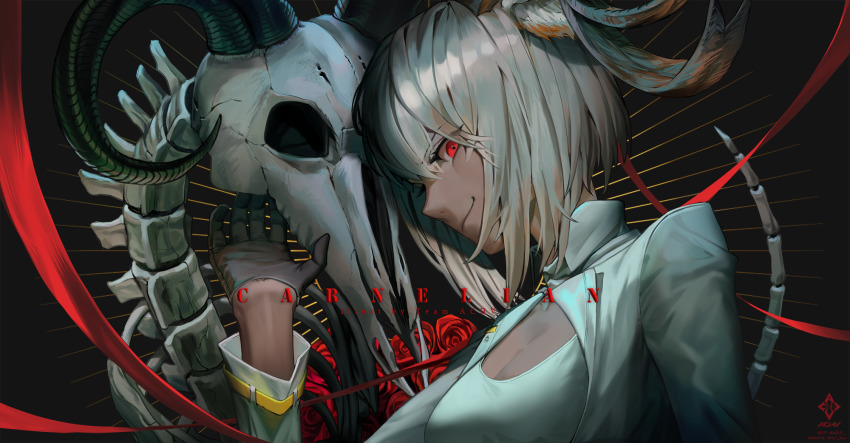 1girl a0lp animal_ears animal_skull arknights artist_name black_gloves breasts carnelian_(arknights) character_name closed_mouth commentary dark-skinned_female dark_skin flower gloves goat_ears goat_girl goat_horns hair_between_eyes hand_up highres horns jacket long_sleeves looking_at_viewer medium_breasts ram_skull red_eyes red_flower red_rose rose shirt short_hair silver_hair skeleton solo upper_body white_jacket white_shirt