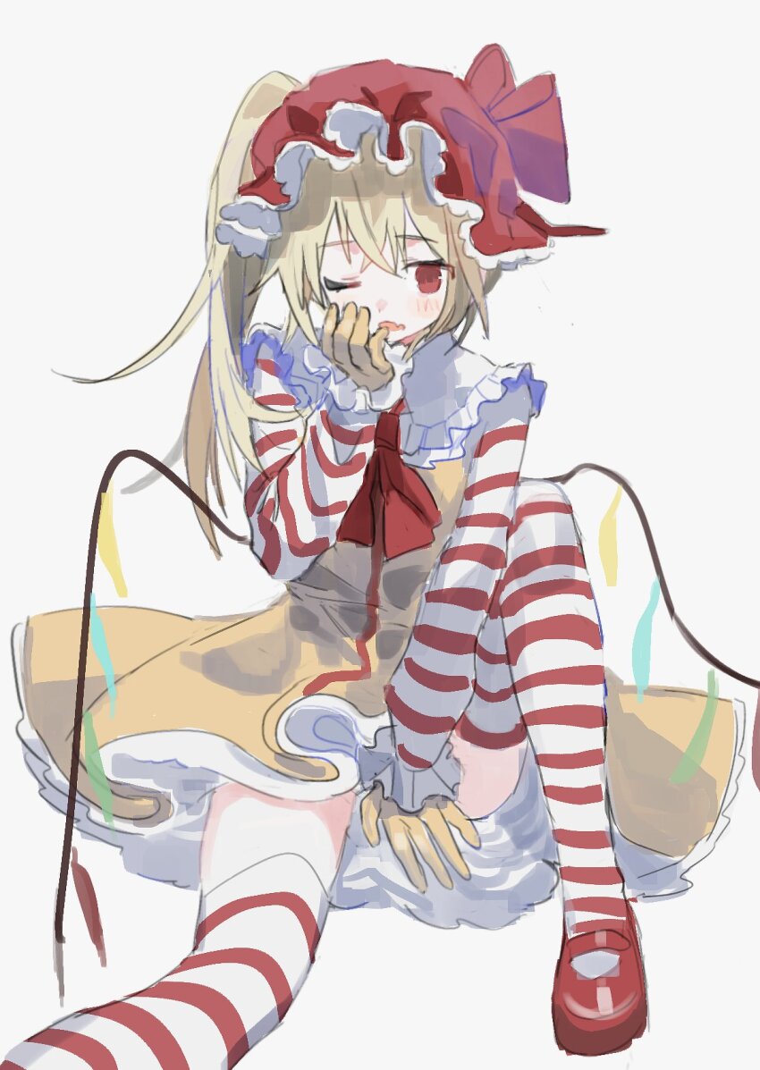 1984_(cw1000110) 1girl alternate_color ascot blonde_hair blush collared_dress commentary_request crossed_bangs crystal_wings dress fang flandre_scarlet frills gloves hair_between_eyes hand_up hat hat_ribbon highres long_hair long_sleeves looking_at_viewer mcdonald&#039;s mob_cap multicolored_wings one_eye_closed open_mouth pinafore_dress puffy_long_sleeves puffy_sleeves purple_ribbon red_ascot red_eyes red_hat red_shoes ribbon ronald_mcdonald shirt shoes side_ponytail simple_background sitting skin_fang sleeveless sleeveless_dress solo striped_clothes striped_shirt striped_thighhighs thighhighs touhou white_background white_shirt white_thighhighs wings yellow_dress yellow_gloves
