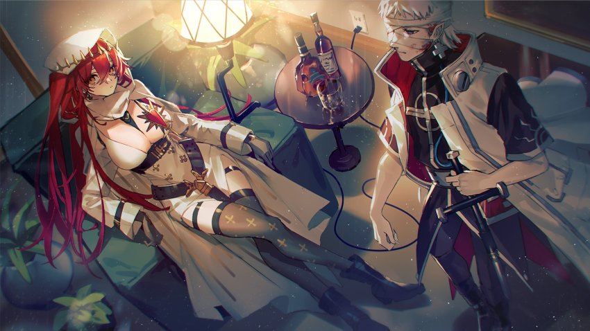 1boy 1girl alchemy_stars alcohol bandage_on_face bandage_over_one_eye bandages belt black_footwear black_gloves black_pants black_shirt black_thighhighs blood bloody_bandages blue_eyes boots breasts brown_eyes chair cleavage closed_mouth coat cross cross_earrings dress earrings electrical_outlet expressionless from_above glass gloves holding holding_sword holding_weapon indoors jewelry lamp large_breasts light_particles long_hair long_sleeves looking_at_viewer low_neckline mebaru nails_(alchemy_stars) open_clothes open_coat pact_(alchemy_stars) pants plant potted_plant red_hair revealing_clothes shirt short_hair short_sleeves sword table thigh_strap thighhighs tiara weapon whiskey white_coat white_dress white_hair white_headwear