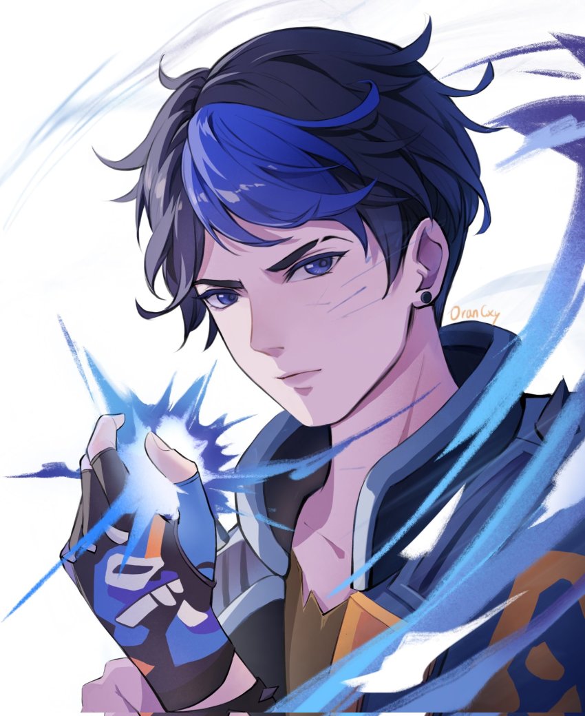 1boy alternate_hairstyle animification artist_name black_gloves blue_eyes blue_hair blue_jacket collarbone commentary earrings energy english_commentary eyebrow_cut fingerless_gloves gloves hair_behind_ear highres jacket jewelry looking_at_viewer male_focus open_hand oran_(lovekarthus) portrait solo valorant white_background yoru_(valorant)