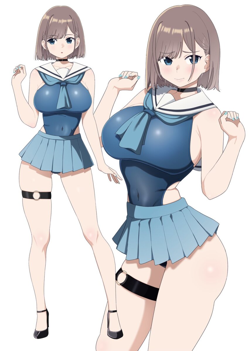 1girl arms_up bare_arms black_choker black_footwear blue_eyes blue_neckerchief blue_one-piece_swimsuit blush breasts choker collarbone covered_navel full_body gluteal_fold high_heels highres kuro_(toi_et_moi) large_breasts looking_at_viewer looking_to_the_side miniskirt nail_polish neckerchief one-piece_swimsuit original pleated_skirt sailor_collar sailor_one-piece_swimsuit short_hair simple_background skindentation skirt sleeveless swimsuit thigh_strap white_background