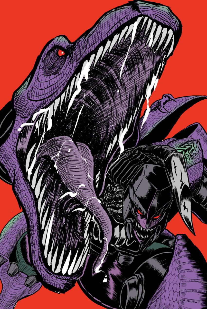 1boy beast_wars beast_wars:_transformers highres leaning_forward looking_at_viewer mecha megatron megatron_(beast_wars) no_humans oohara_tetsuya open_mouth predacon red_background red_eyes robot science_fiction sharp_teeth solo teeth transformers