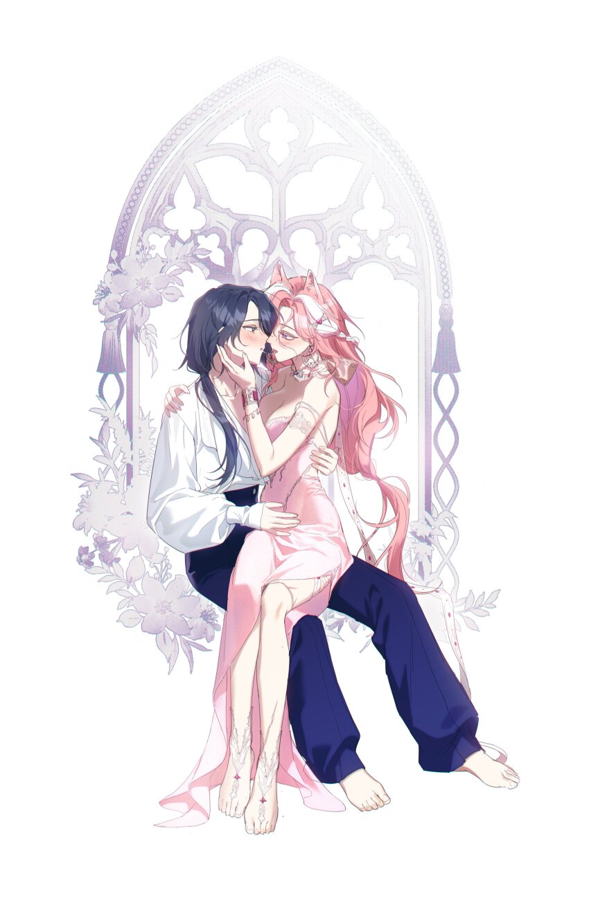 2girls absurdres after_kiss animal_ears bare_shoulders barefoot black_hair blue_pants blush cat_ears chief_(path_to_nowhere) commentary_request dress female_chief_(path_to_nowhere) flower gom2038019 grey_eyes hand_on_another&#039;s_face hand_on_another&#039;s_shoulder hand_on_another&#039;s_waist highres jasmine_(path_to_nowhere) korean_commentary long_hair multiple_girls pants path_to_nowhere pink_dress pink_eyes pink_hair saliva saliva_trail shirt simple_background sitting sitting_on_lap sitting_on_person toes tongue tongue_out white_background white_shirt yuri