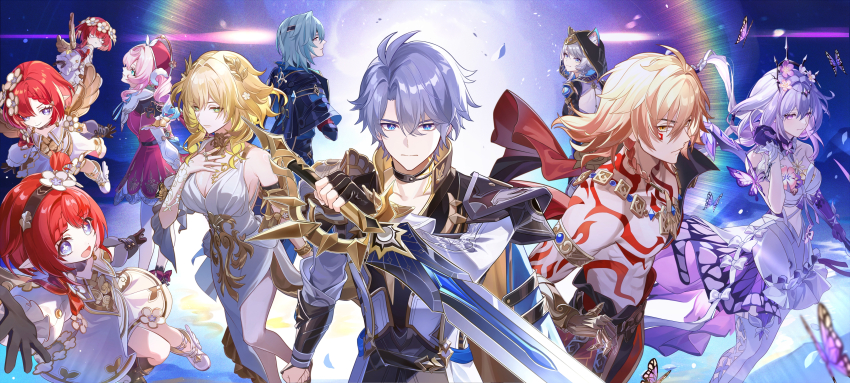 3boys 6+girls abs absurdres aglaea_(honkai:_star_rail) anaxa_(honkai:_star_rail) animal_ears antenna_hair aqua_hair arm_tattoo armlet armor black_choker black_coat black_gloves black_shirt blonde_hair blue_cape blue_eyes braid cape castorice_(honkai:_star_rail) cat_ears cat_girl chest_tattoo choker cipher_(honkai:_star_rail) coat commentary_request dress facial_tattoo fingerless_gloves flower gloves gold_necklace gradient_hair hair_between_eyes hair_flower hair_ornament highres holding holding_sword holding_weapon honkai:_star_rail honkai_(series) hyacine_(honkai:_star_rail) jewelry kass_(jtsp0) laurel_crown medium_hair multicolored_hair multiple_boys multiple_girls mydei_(honkai:_star_rail) necklace open_clothes open_coat pauldrons phainon_(honkai:_star_rail) pink_hair purple_eyes purple_hair red_hair red_tattoo shirt short_hair shoulder_armor side_braid single_glove single_pauldron sword tattoo tiara toned toned_male trianne_(honkai:_star_rail) tribbie_(honkai:_star_rail) trinnon_(honkai:_star_rail) weapon white_coat white_dress white_hair yellow_eyes