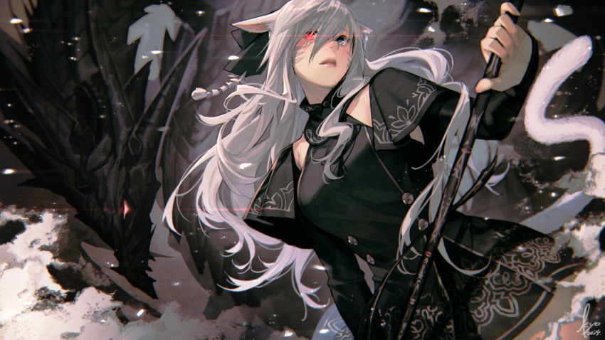 1girl absurdres animal_ears artist_name black_dress blue_eyes cat_ears cat_girl cat_tail dragon dress facial_mark final_fantasy final_fantasy_xiv grey_hair heterochromia highres holding holding_polearm holding_weapon kyo_(kuroichigo) long_hair miqo&#039;te polearm red_eyes signature tail warrior_of_light_(ff14) weapon whisker_markings