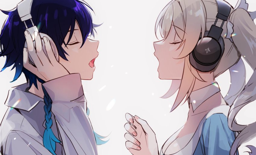 1boy 1girl alternate_costume aqua_hair arm_up barbara_(genshin_impact) black_hair blonde_hair blue_sleeves braid breasts cleavage collar commentary couple detached_collar drill_hair duet english_commentary closed_eyes genshin_impact gradient_hair grey_background hand_on_own_head headphones hetero long_sleeves medium_breasts multicolored_hair music open_mouth profile rome_romedo shirt simple_background singing twin_braids twin_drills twintails upper_body venti_(genshin_impact) white_collar white_shirt