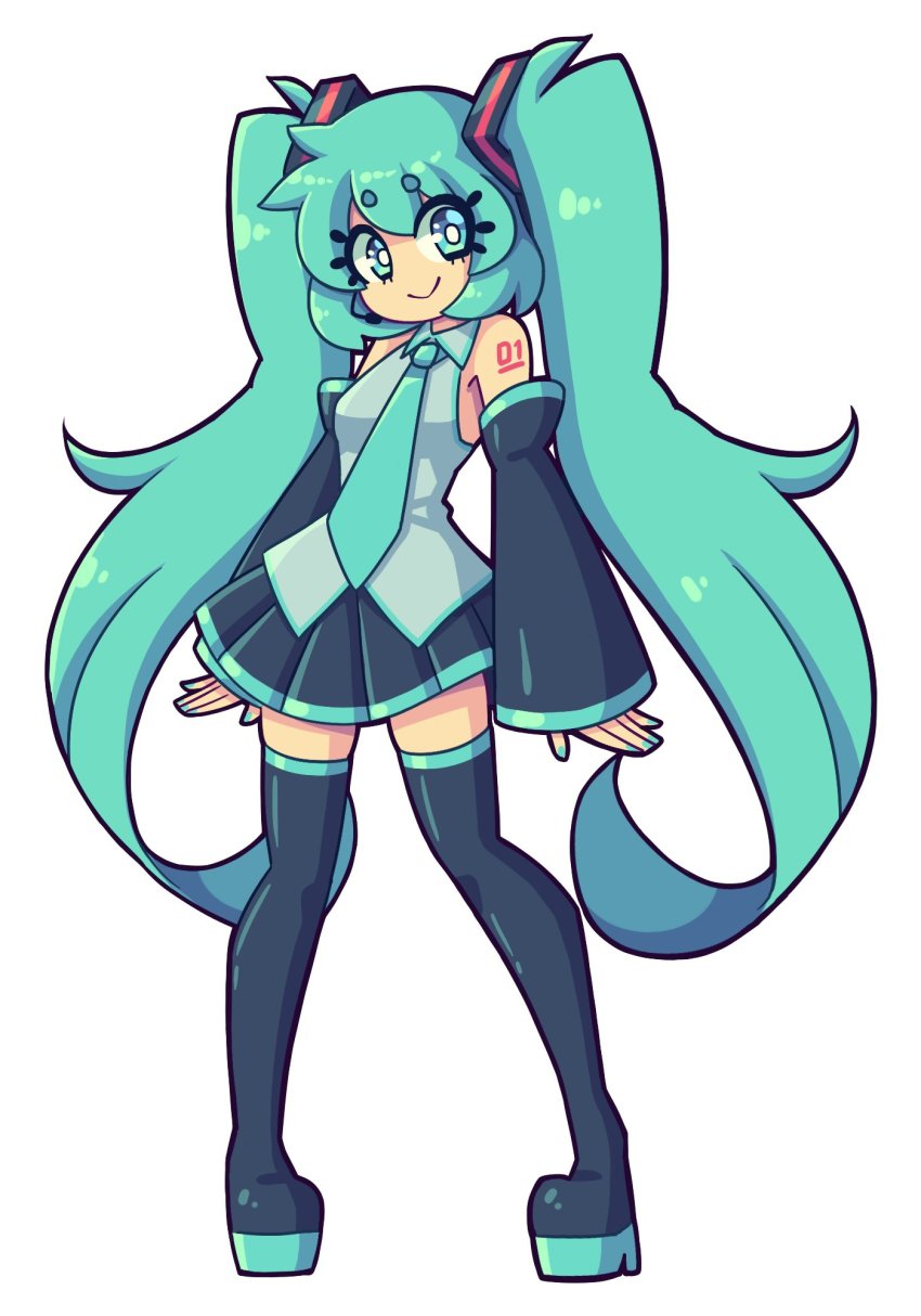 1girl aqua_eyes aqua_hair aqua_nails aqua_necktie black_skirt black_sleeves boots collared_shirt daigada derivative_work detached_sleeves female_focus full_body grey_shirt hatsune_miku highres j5daigada long_hair looking_at_viewer nail_polish necktie no_nose number_tattoo shirt shoulder_tattoo simple_background skirt sleeveless sleeveless_shirt smile solo standing tattoo thigh_boots thighhighs twintails very_long_hair vocaloid vocaloid_boxart_pose white_background