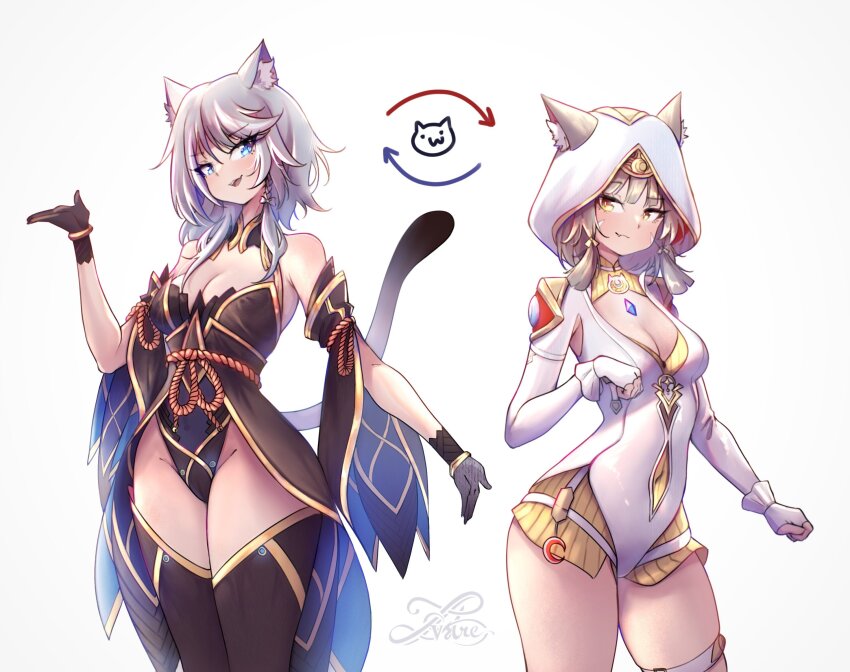 2girls :3 animal_ears animal_hood blue_eyes breasts cat_ears cat_girl cat_hood chest_jewel cipher_(honkai:_star_rail) commentary core_crystal_(xenoblade) cosplay costume_switch detached_sleeves english_commentary facial_mark gloves grey_hair highleg highres honkai:_star_rail honkai_(series) hood leotard lustercool medium_breasts multiple_girls nia_(blade)_(xenoblade) nia_(xenoblade) short_hair thick_thighs thighhighs thighs xenoblade_chronicles_(series) xenoblade_chronicles_2 yellow_eyes