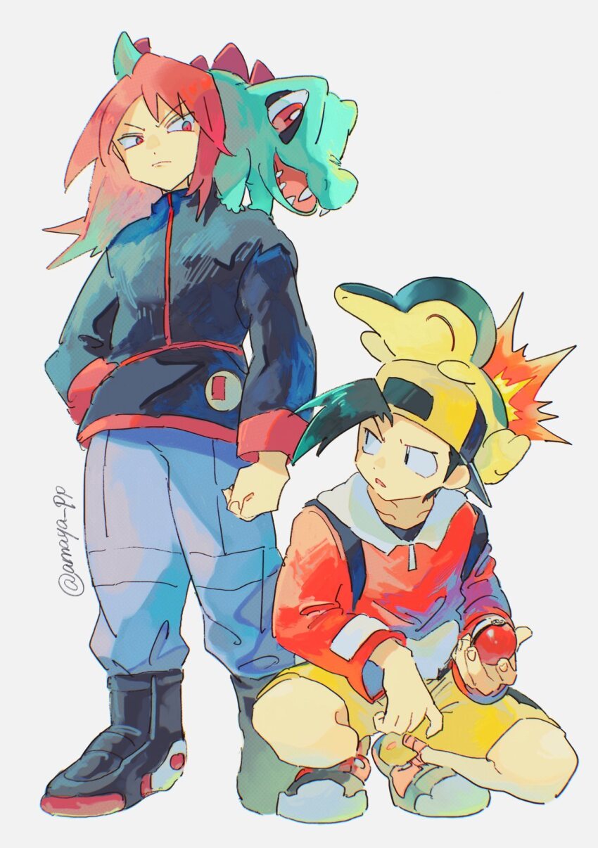 2boys amaya_uw backwards_hat black_footwear black_jacket black_shirt boots commentary_request cyndaquil ethan_(pokemon) frown gen_2_pokemon hat highres holding holding_poke_ball jacket long_hair long_sleeves looking_down male_focus multiple_boys nintendo on_head pants poke_ball poke_ball_(basic) pokemon pokemon_(creature) pokemon_gsc pokemon_on_head red_eyes red_hair red_jacket shirt shoes shorts silver_(pokemon) squatting totodile twitter_username white_background yellow_shorts