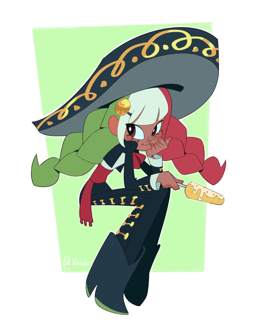 1girl boots breasts charro elote_(food) green_hair hat highres invisible_chair mayonnaise mexico multicolored_hair nath_emece original red_hair sitting smile solo sombrero twitter_username white_hair