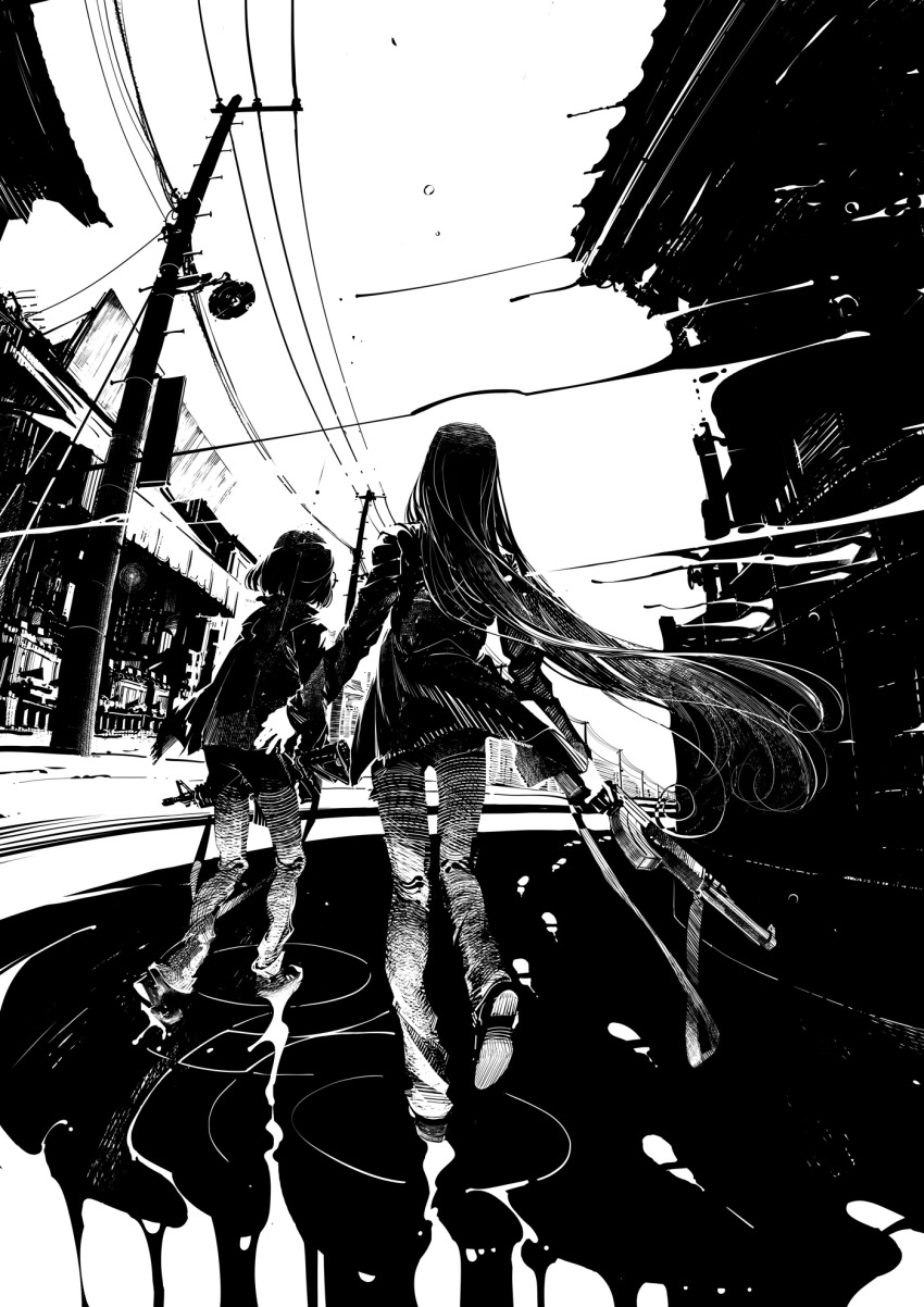 2girls ak-74 assault_rifle building footprints from_behind full_body greyscale gun highres holding holding_gun holding_weapon kalashnikov_rifle kamikoshi_sorawo long_hair monochrome multiple_girls nishina_toriko novel_illustration official_art rifle ripples shirakaba silhouette surreal urasekai_picnic utility_pole weapon