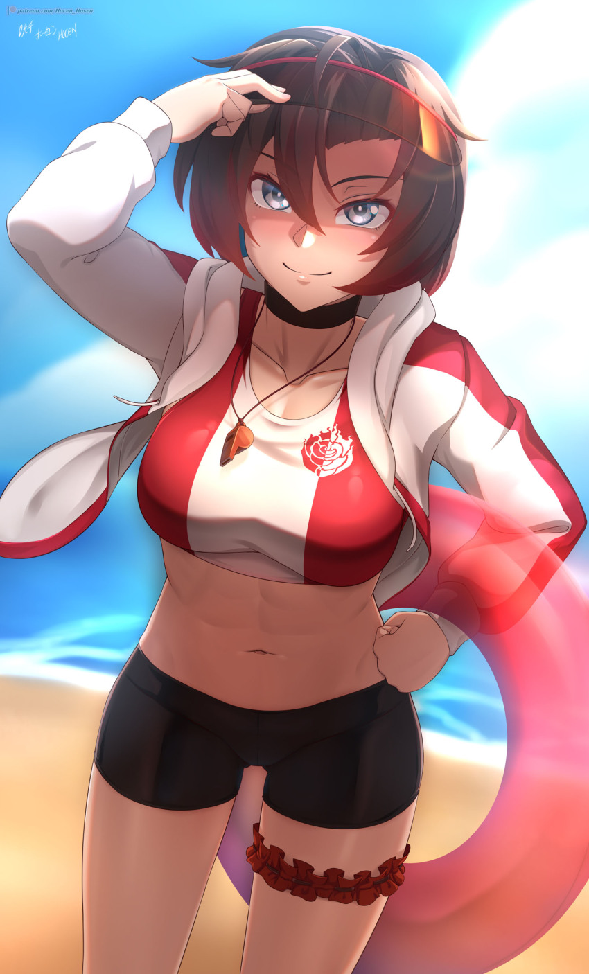 1girl abs absurdres arm_up beach bike_shorts black_choker black_shorts blue_sky blurry blurry_background choker clenched_hand closed_mouth cloud cloudy_sky commentary cowboy_shot crop_top day emblem english_commentary eyewear_on_head grey_eyes hair_between_eyes hand_on_own_hip highres holding holding_swim_ring innertube jacket long_sleeves looking_at_viewer multicolored_jacket navel open_clothes open_jacket outdoors paid_reward_available patreon_logo patreon_username red-framed_eyewear red_jacket red_shirt ruby_rose rwby shirt shorts signature sky smile solo standing sunglasses swim_ring thigh_scrunchie two-tone_jacket two-tone_shirt variant_set vilde_loh_hocen watermark web_address whistle whistle_around_neck white_jacket white_shirt