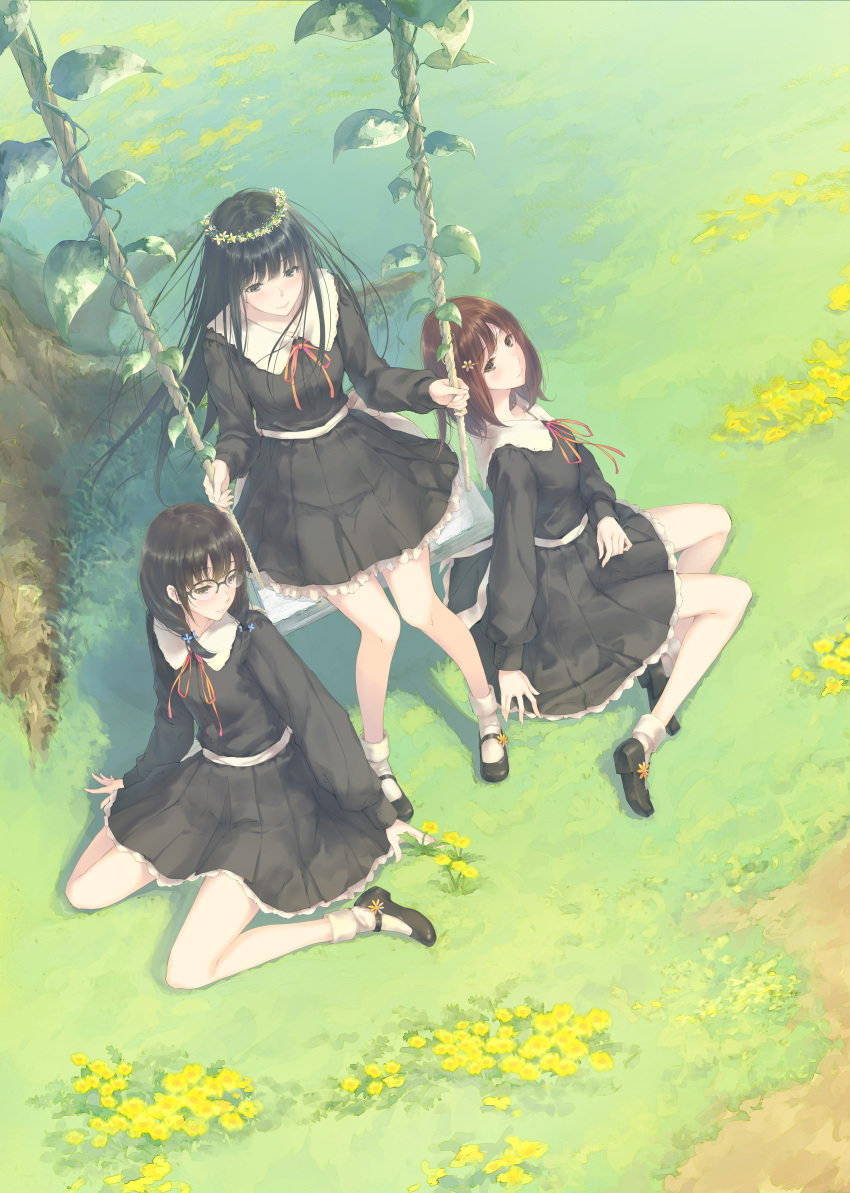 absurdres arm_support black_hair blush braid brown_hair floating_hair flower flowers_(innocent_grey) footwear_flower glasses grass hair_flower hair_ornament hairclip hanabishi_rikka head_wreath highres kousaka_mayuri light_smile long_hair long_sleeves mary_janes medium_hair nature on_swing orange_ribbon outdoors plant pleated_skirt ribbon school_uniform shirahane_suou shoes sitting skirt socks sugina_miki swing tree twin_braids under_tree vines wariza white_socks yokozuwari