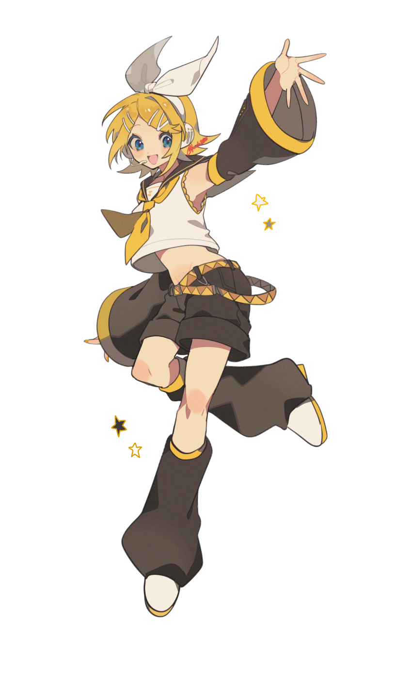 1girl :d absurdres arm_up black_leg_warmers black_shorts black_sleeves blonde_hair blue_eyes bow commentary detached_sleeves full_body hair_bow hair_ornament hairclip headset highres kagamine_rin kawasaki_(kwsk_8765) leg_warmers looking_at_viewer musical_note musical_note_print neckerchief open_mouth shirt short_hair shorts simple_background sleeveless sleeveless_shirt smile solo star_(symbol) symbol-only_commentary twitter_username vocaloid white_background white_bow white_footwear white_shirt yellow_neckerchief