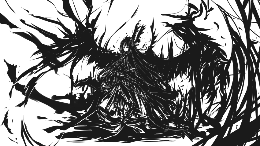 1girl absurdres acryl dress feathered_wings full_body greyscale head_wings highres long_hair long_sleeves looking_at_viewer monochrome original simple_background solo white_background wings