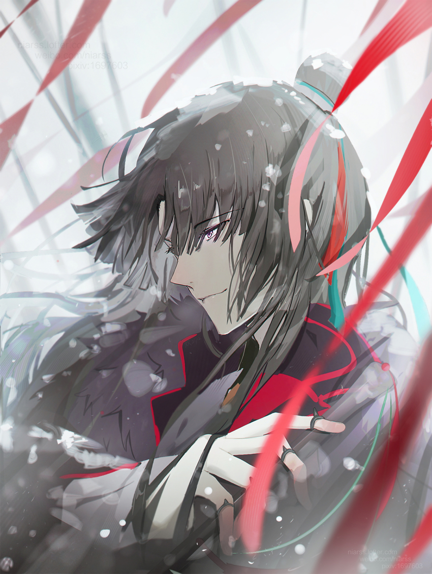 1boy black_coat black_hair changpao chinese_clothes coat curtained_hair fate/grand_order fate_(series) fishing_rod hair_between_eyes highres holding holding_fishing_rod long_hair long_sleeves male_focus niarss profile smile snow snowflakes snowing solo taigong_wang_(fate) upper_body yellow_eyes
