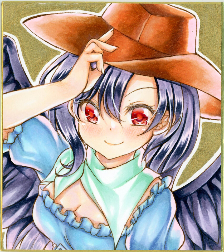 1girl aqua_bandana black_wings blush brown_background brown_hat closed_mouth commentary_request cowboy_hat hat highres kurokoma_saki looking_at_viewer nekofish666 red_eyes short_sleeves simple_background smile solo touhou traditional_media upper_body wings