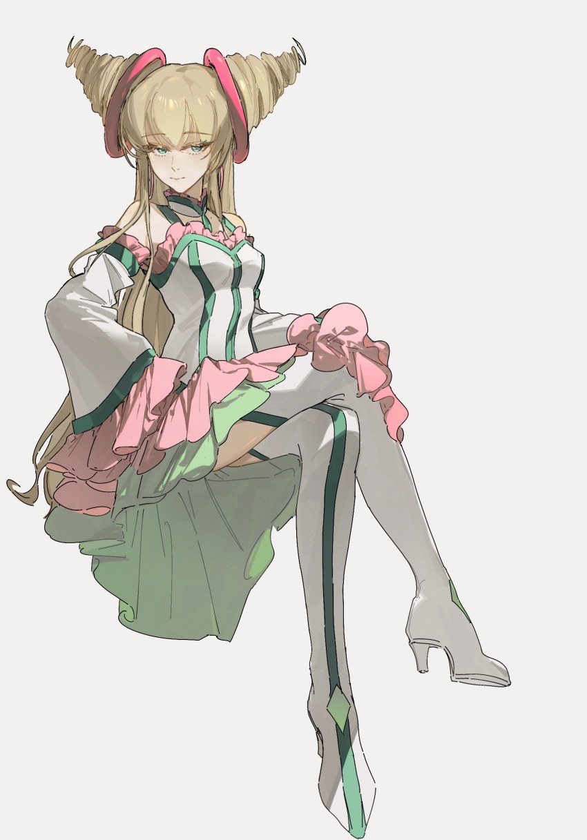 1girl bare_shoulders blonde_hair blunt_bangs boots breasts crossed_legs detached_sleeves dress drill_hair frills full_body green_eyes high_heel_boots high_heels highres invisible_chair lan_ruobing lan_ruobing_(pristess) long_hair long_sleeves looking_at_viewer okralos simple_background sitting skirt solo tarot thigh_boots thighhighs twin_drills very_long_hair wheel_of_fortune_(tarot) white_background wide_sleeves zhandou_wang_zhi_jufeng_zhan_hun