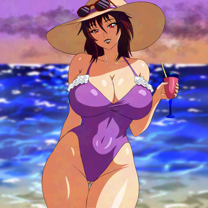 1girl action_taimanin alternate_costume bare_arms bare_legs bare_shoulders beach breasts brown_hair cleavage covered_navel curvy day drink frilled_one-piece_swimsuit frills hat highleg highleg_one-piece_swimsuit highres holding holding_drink huge_breasts lipstick looking_at_viewer makeup mizuki_shiranui ocean official_alternate_costume one-piece_swimsuit outdoors parted_lips purple_one-piece_swimsuit red_eyes smile solo sun_hat sunglasses_on_head swimsuit taimanin_(series) taimanin_yukikaze wide_hips yeezusdraw