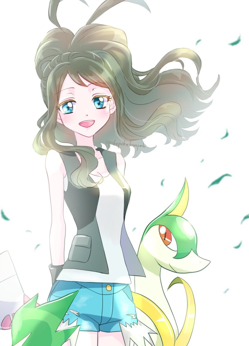 1girl :d arms_behind_back bare_shoulders black_vest blue_eyes blue_shorts brown_hair gen_5_pokemon highres hilda_(pokemon) long_hair looking_at_viewer nintendo open_clothes open_mouth open_vest pokemon pokemon_(creature) pokemon_bw pokepokekonpeki ponytail servine shirt shorts sleeveless sleeveless_shirt smile teeth upper_teeth_only vest white_background white_shirt